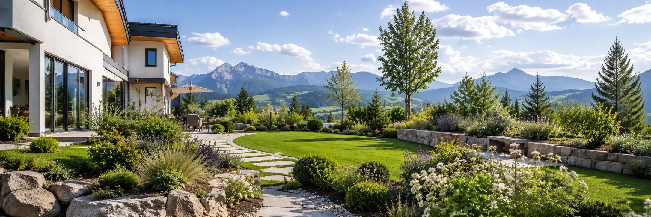 Gestalteter Garten mit Natursteinweg, Staudenbeeten und Rasen vor einem Haus mit Allgäuer Bergpanorama