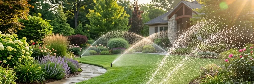 Modernes, automatisches Bewässerungssystem in einem saftig grünen Allgäuer Garten mit Versenkregnern