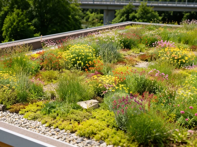 Blühendes Sedum-Dach mit Gräsern und Wildblumen als extensive Dachbegrünung