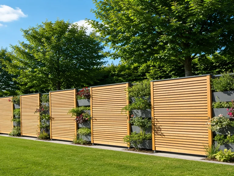 Geschnittene Hecke mit Gabionen-Säulen als Sichtschutz und Zaunanlage
