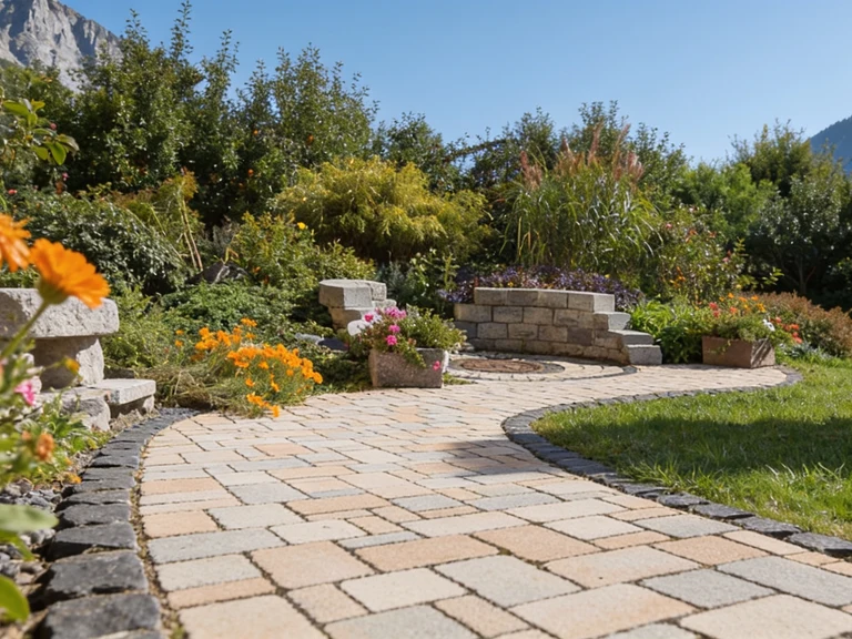 Verlegen von grauem Betonpflaster für einen geschwungenen Gartenweg